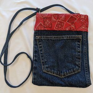 Crossbody Denim Bag with red bandana print lining